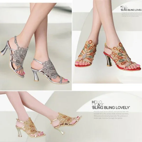 Women's Blue Rhinestone Peacock Pattern  Chunky Stylish Comfortable Sandal Heel - Picture 3 of 6